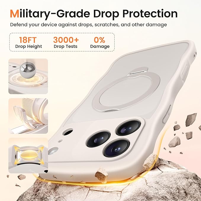 CAPRARO for iPhone 17 Pro Max Case with 360° Spin Magnetic Stand for Women, [Compatible with MagSafe] [Full Camera Protection] Cute Wave Translucent Matte Case for iPhone 17 Pro Max, Stone