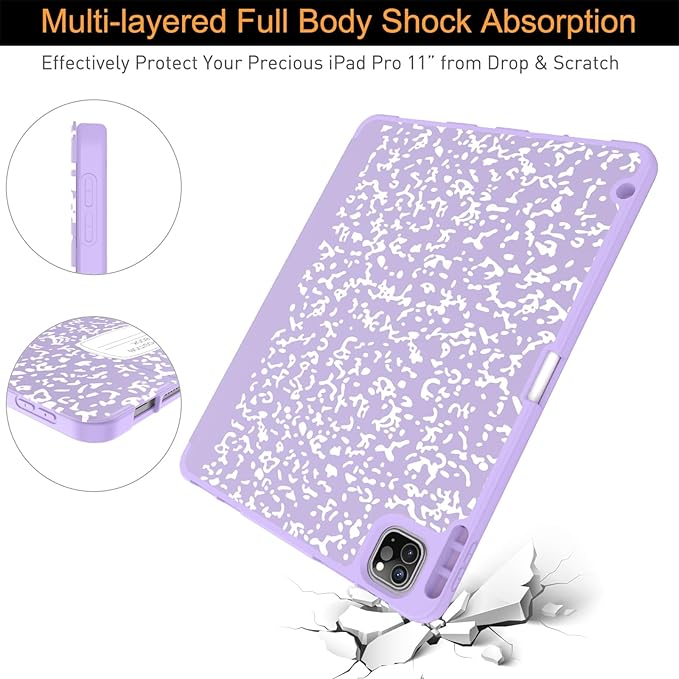 Soke for iPad Pro 11 Case (M2) 2022/2021/2020 with Pencil Holder - [Full Body Protection + Apple Pencil Charging + Auto Wake/Sleep], Soft TPU Back Cover for 2022 iPad Pro 11 inch(Book Lilac)