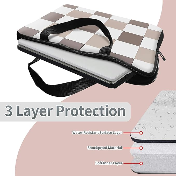 Laptop Sleeve Case Bag 15 inch, Brown Checkered Slim Carrying Case Handbag Travel Laptop Bag for 15 inch MacBook Air M3/M2/15 Pro/Surface Laptop 7/6/5/4/3/ Dell XPS 15 Plus