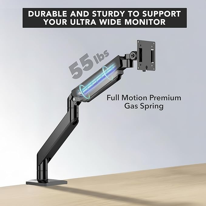 Mount-It! Heavy Duty Monitor Arm for 49”, 57" & Ultrawide Monitors, Full Motion Gas Spring | Holds 55 lbs | Tilt, Swivel & Rotate | VESA 75 & 100 | Clamp & Grommet Base | Fits Samsung Odyssey G9