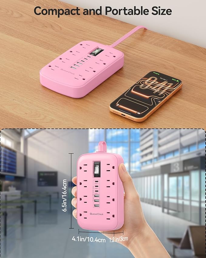 Pink Extension Cord with Surge Protector - 5 FT Kawaii Power Strip, Cute Extension Cord with 6 USB(3 USB C) and 8 Outlets, Pink Desk Accessories for Girl Cute Kawaii Room Decor Gifts Office Dorm Home