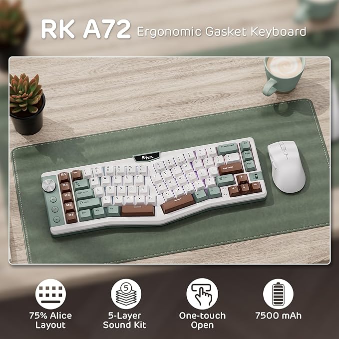 RK ROYAL KLUDGE A72 Alice Ergonomic Wireless Mechanical Keyboard w/Knob/Macro Keys/Touchable Nameplate, Tri-Mode 68% 72-Key Gasket Keyboard BT/2.4G/USB-C, Hot Swap, Win/Mac Software, 7500mAh Battery