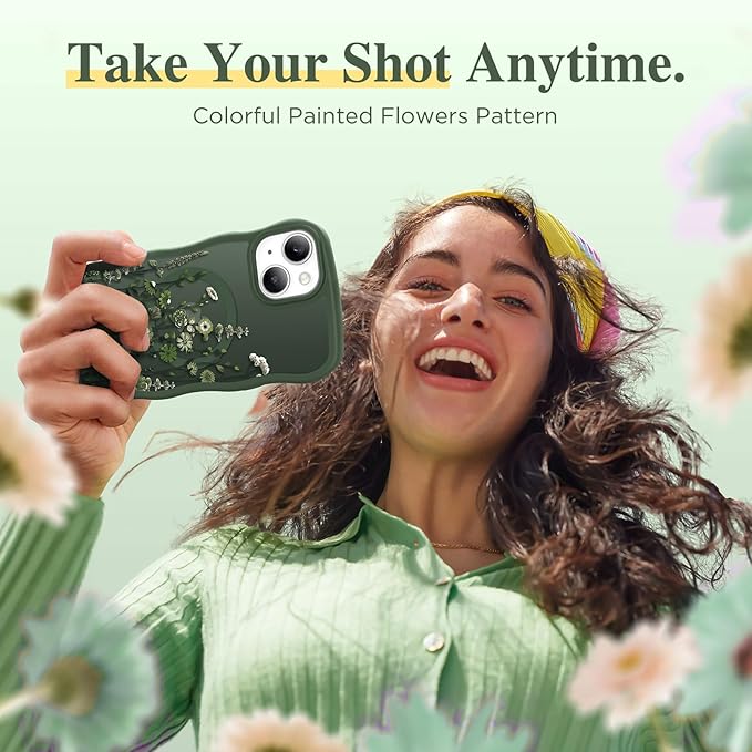 GVIEWIN Cute for iPhone 14 Case & iPhone 13 Case [Compatible with MagSafe][Curly Wave Edge]Floral Translucent Magnetic Shockproof Protective Phone Cover for iPhone 14/13 6.1'', Floratopia/Forest Green