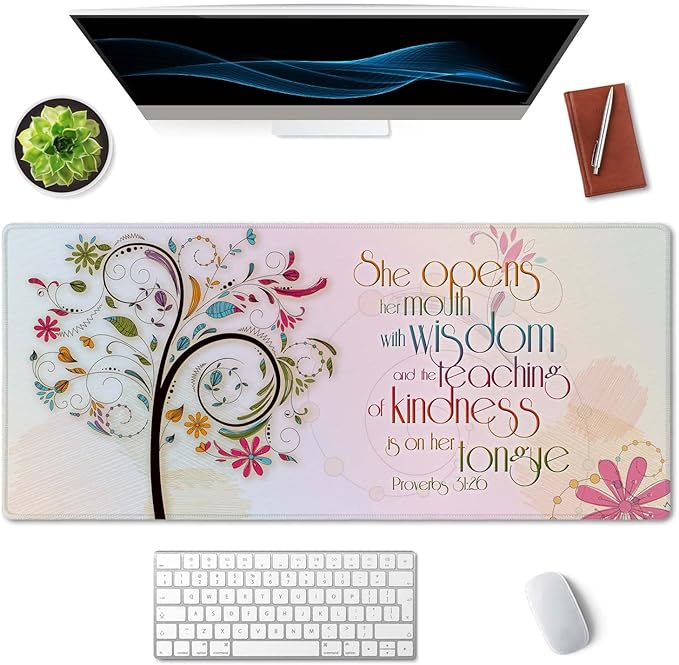 SSOIU Inspirational Christian Bible Verse Proberbs Quotes Extended Gaming Mouse Pad 35.5x15.7 in, Large Mouse Pad, She Opens Her Mouth with Wisdom and The Teaching of Kindness is on Her Tongue