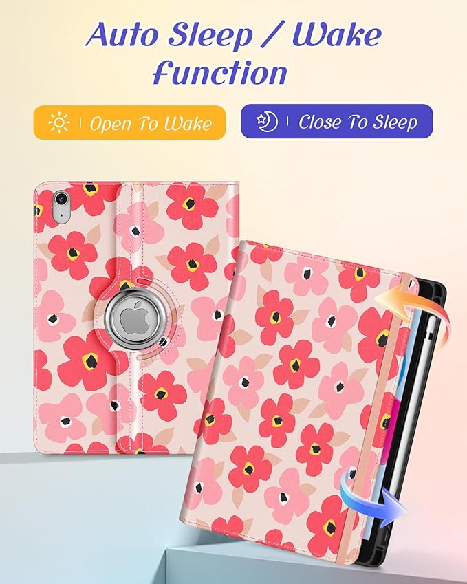 Kidcube for iPad 10th Generation Case 2022, for iPad (A16) Case 11th Generation 2025 - Women Girl Cute Rotating Stand Folio Cover with Pencil Holder & Card Slot Girly Kawaii Floral Flower Design Cases