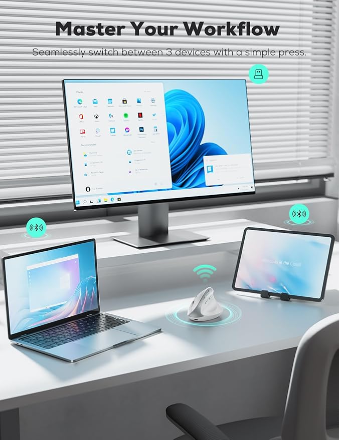 Nulea MD280 Ergonomic Vertical Wireless Mouse - Bluetooth & 2.4G Dual Mode, 4 Adjustable DPI 800/1200/1600/2400, Rechargeable, Silent Clicks, No Lag, 6 Buttons - Perfect for Laptop, Desktop White