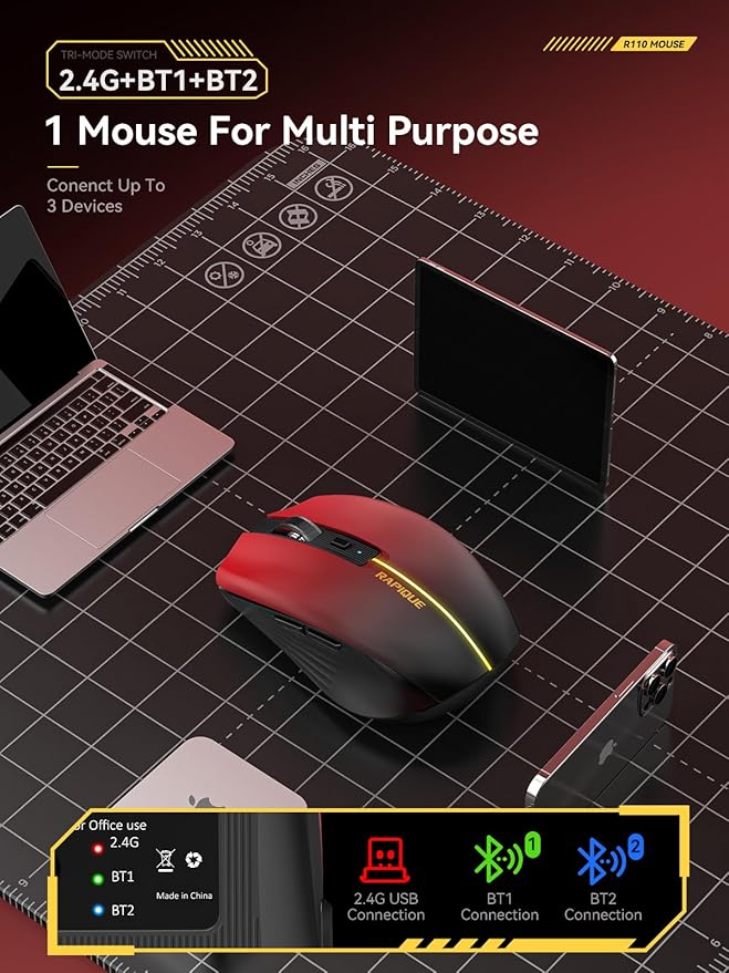 RAPIQUE Bluetooth Wireless Mouse - (BT1/BT2+USB) Tri-Mode High Performance, Rechargeable, Multi-Device Compatible with PC/Laptop/Computer/MacBook/iPad Air Pro (Red Gradient)