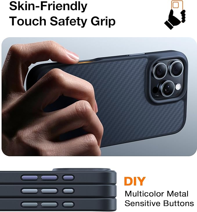 TORRAS Upgraded for iPhone 16 Pro Case Aramid Fiber Back/Black Edge | Compatible with MagSafe, Military Grade Drop Protection, Stronger Magnetic, Shockproof Airbag, Color Button, Slim Anti-Scratch | Upgraded, Stronger Magnetic, Shockproof, Slim