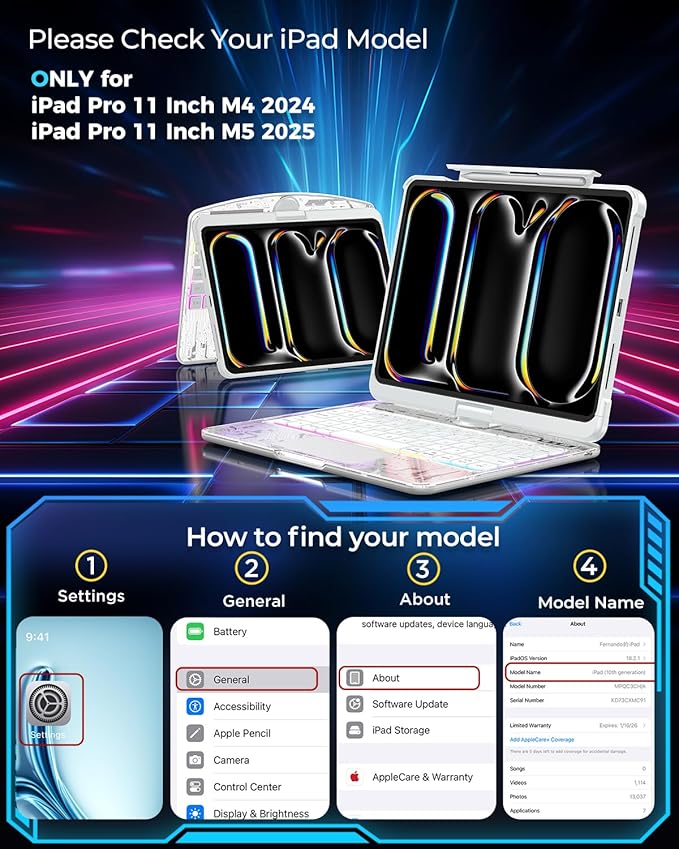 SIBEITU Keyboard Case for iPad Pro 11 Inch (M5 2025 / M4 2024), 360 Rotatable iPad Pro 11 Clear Cover with Multi-Touch Trackpad, 7-Color Backlight & 3 Brightness, High-Tech Visible PCB Design, White