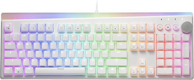 i-rocks K71M RGB Mechanical Gaming Keyboard with Media Control Knob, Blue Switches, 107 Keys w/Full NKRO, PBT Keycaps, Multimedia Hotkeys, Detachable USB-C Cable and Onboard Storage, White
