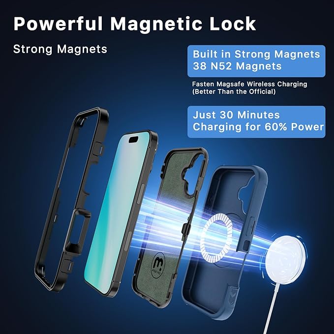 M MYBAT PRO Maverick Series for iPhone 16 Plus 6.7 Case with Belt Clip Holster,Compatible with Magsafe w/Screen Protector,Anti-Drop,Shockproof,with 360°Rotating Kickstand,Heavy Duty Protection Blue