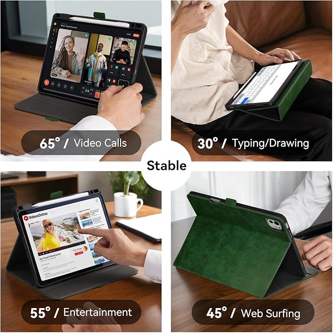Handmade Case for iPad Pro 11 Inch (M5/M4) 2025/2024 with Pencil Holder Pocket,Magnetic Closure,Auto Sleep/Wake,Vegan Leather Folio Protective Cover,Multi Angles Stand,Green