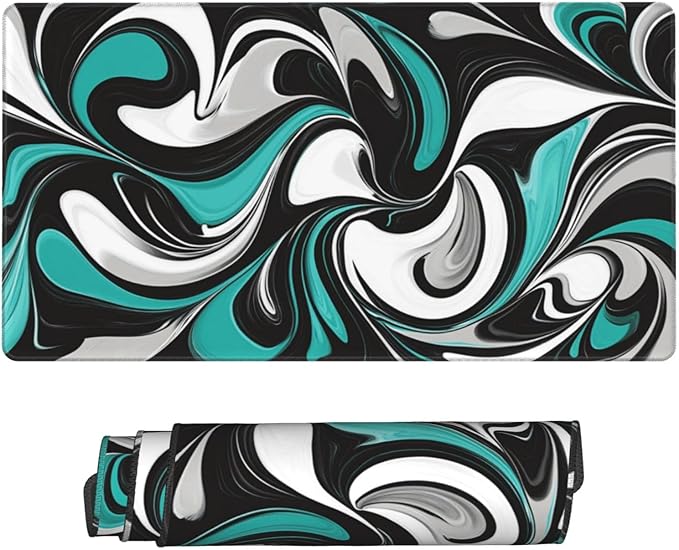 AQQA 31.5 x 15.7 Anti-Slip Rubber Mouse Pad - Abstract Fluid Art Design with Teal & Gray Colors, Ergonomic Gaming Mouse Mat for Gamer, Office & Home