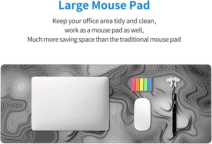3D Topographic Map Mouse Pad Grey White Gaming Mouse Pad XL Desk Mat Large Desk Pad Non-Slip Rubber Base Keyboard Mouse Mat with Stitched Edges for Home Office Work