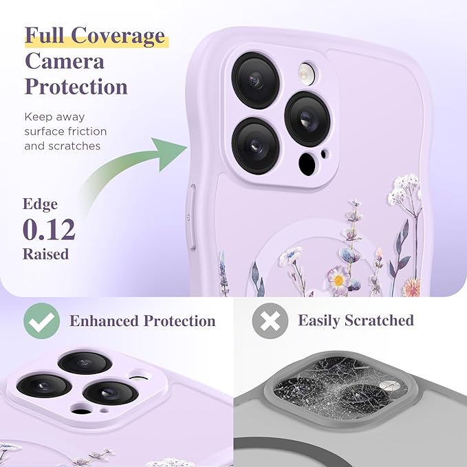 GVIEWIN for iPhone 14 Pro Max Case Compatible with MagSafe [Curly Wave Edge][Full Camera Protection] Floral Translucent Shockproof Magnetic Women Phone Case for 14 Pro Max, Floratopia/Colorful