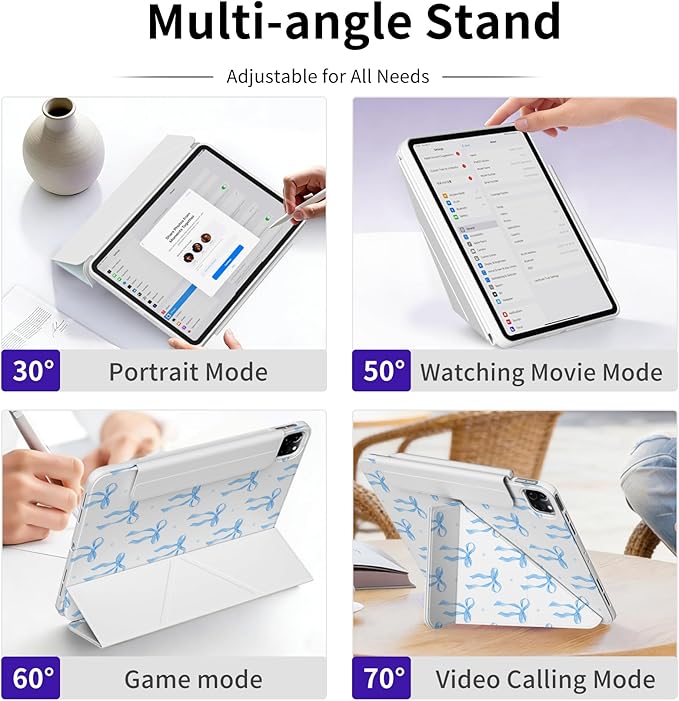 for iPad Air 13-inch Case M4/M3/M2 (2026/2025/2024), iPad Pro 12.9” 6th/5th/4th/3rd Generation Case, Origami Trifold Multi-Angle Stand, Magnetic Flap, Full-Protective Cover, Blue Bows