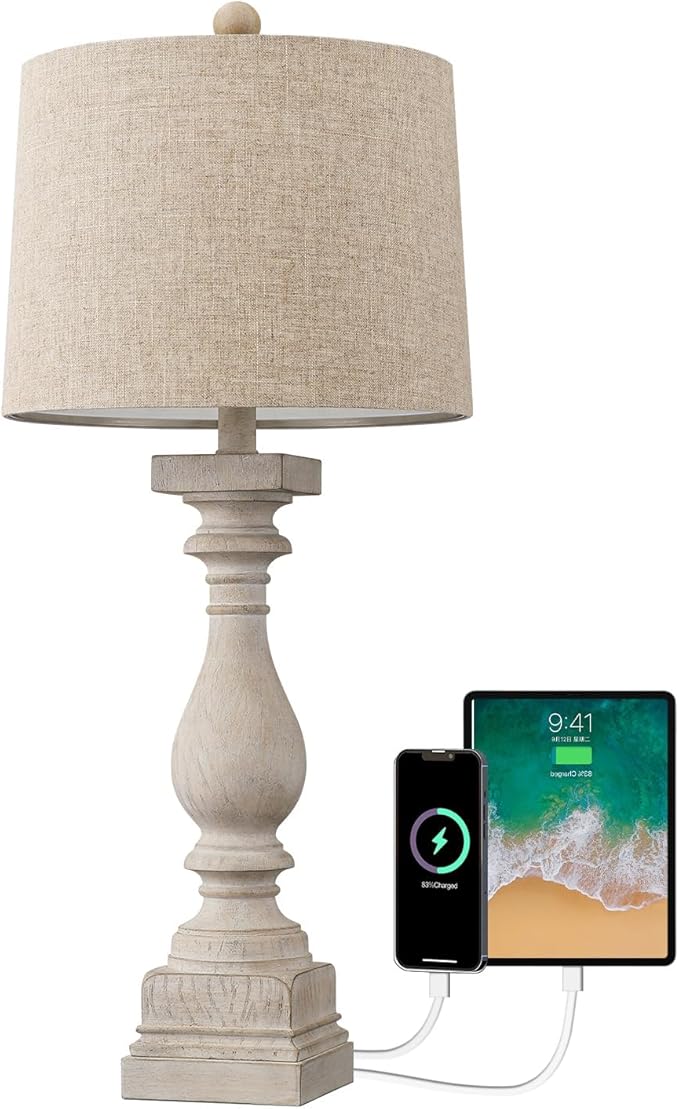 BOBOMOMO Retro 27" USB Charging Ports A/C Wash-White Farmhouse Lamps for Bedrooms Side Table Lamps Bedside Lamp for Nightstand Living Room 1 Pack (Blubs not Included)