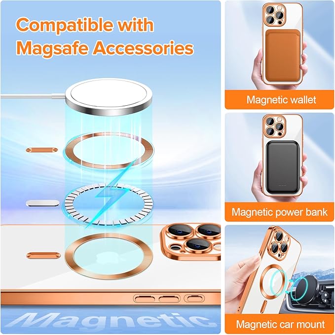 Hython Magnetic Clear for iPhone 15 Pro Max Case with Camera Lens Protector [Compatible with MagSafe] Plating Edge Slim Soft TPU Cover Protective Phone Case for iPhone 15 Pro Max 6.7", Orange