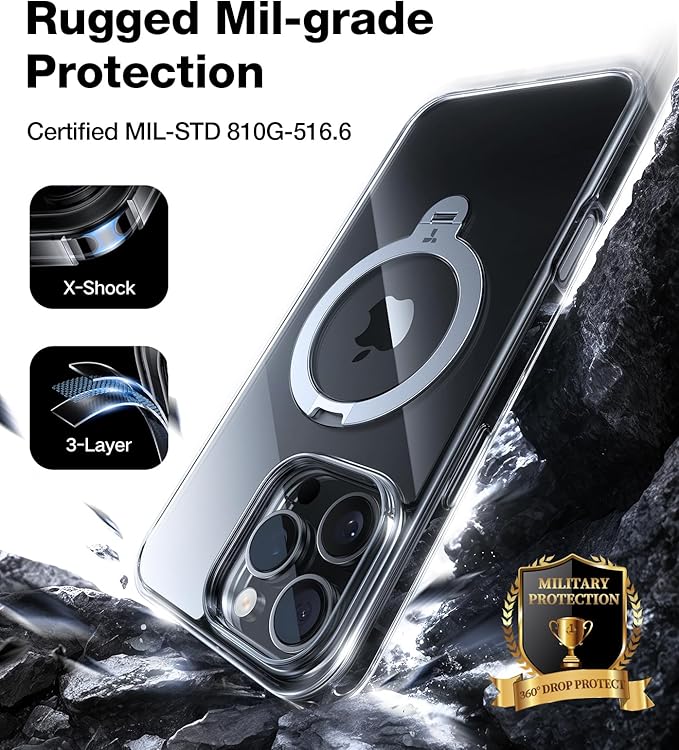 TORRAS 360° Spin Magnetic Stand Case for iPhone 16 Pro Max Case, Fit for MagSafe, 12FT Military Grade Protective Case for 16 Pro Max Phone Case with Kickstand Rotatable, Ostand Spin, Clear, 6.9 inch