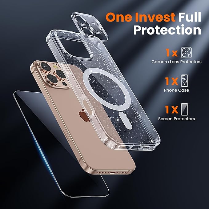 toushion 3 in 1 for iPhone 16 Pro Case Clear, Not Yellowing, Screen Protector*1 Camera Lens Protector*1, Military-Grade Protection for iPhone 16 Pro Phone Case 6.3 inch Clear Glitter