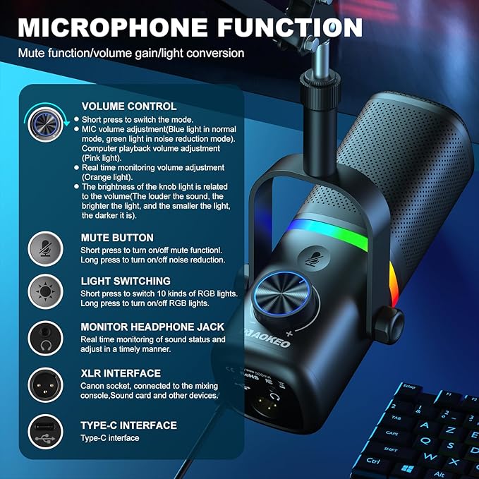 Aokeo AK-10 USB Gaming Microphone Wtih AK-35 Arm, Condenser Microphone for PC/MAC/PS4/PS5/Phone-Cardioid Mic with RGB Lighting