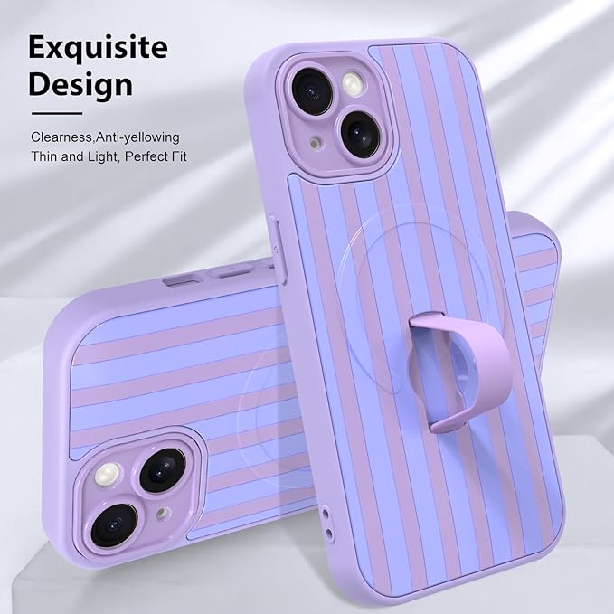 KANGHAR Compatible with iPhone 15 Case, Support for MagSafe, Silicone Stripes Cute Pattern, Wristband Kickstand Camera Protection Soft Slim Cover for Girls Women -Purple