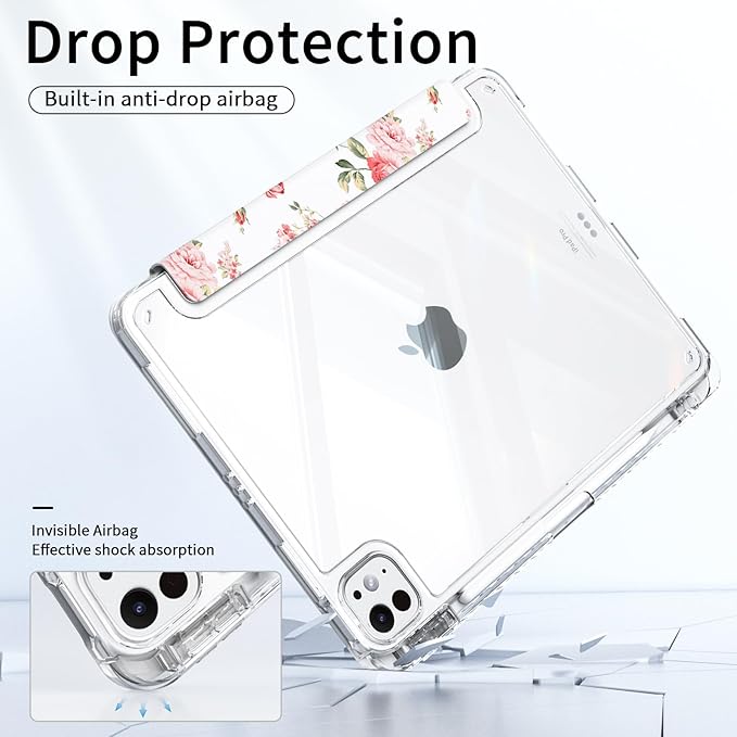 Case for iPad Air 13 Inch 2026/2025/2024 (M4/M3/M2), iPad Pro 12.9" 6th/5th/4th/3rd Generation Case with Pencil Holder, Trifold Sturdy Stand Protective Clear Back Cover, Pink Rose