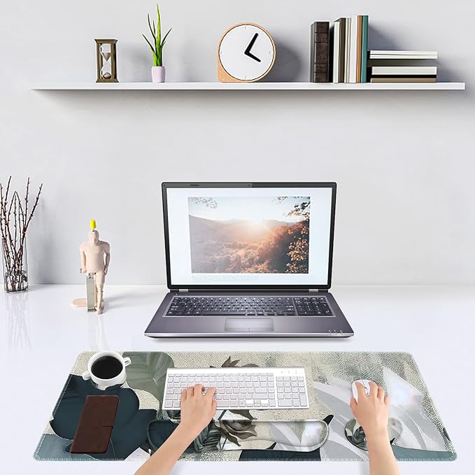 DINKY Keyboard Mouse Pad Set, Large Gaming Mousepad + Memory Foam Ergonomic Keyboard Wrist Rest Support, Easy Typing Pain Relief, 4Pcs (35.4" x 15.7") Extended Desk Mat-Tropical Rose