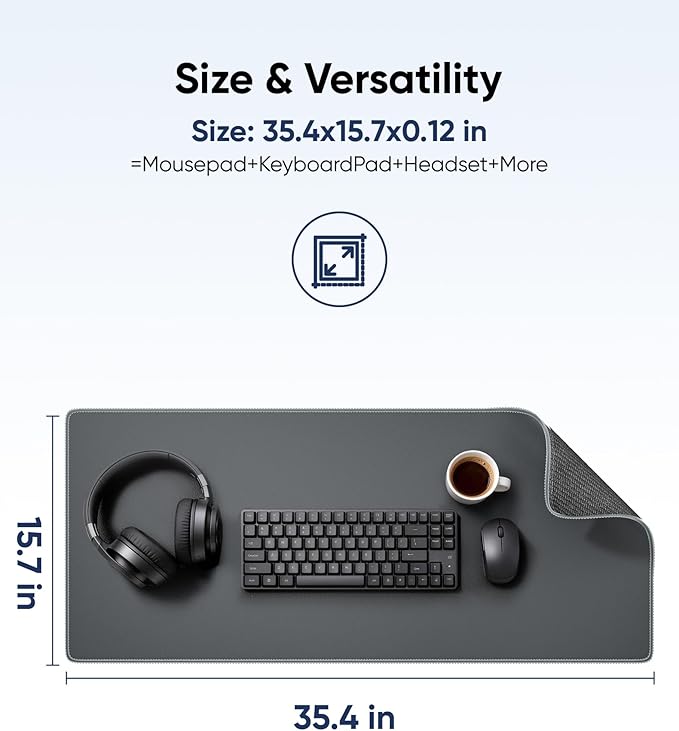 Reniteco Waterproof Large Gaming Mouse Pad with Durable Stitched Edges, Non-Slip Rubber Base, Grainy Jacquard Mouse Mat Desk Pad for Home Office Gaming, 35.4''x15.7''x0.12'', Matte Gray