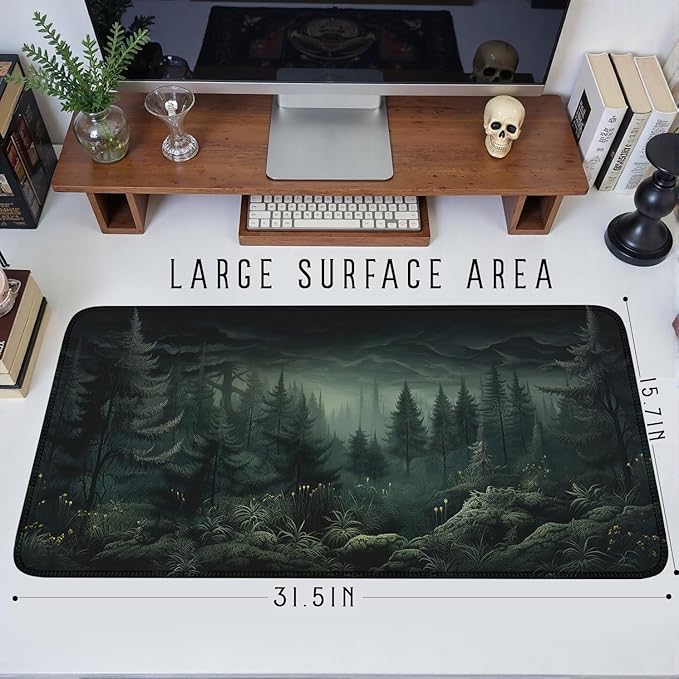 Dark Gloomy Forest Desk Mat Dark Green Aesthetic Mouse Pad XXL Large Gaming Mouse Mat for Office,Computer,Keyboard,Laptop and Home Desk Pad 31.5 X 15.7inch