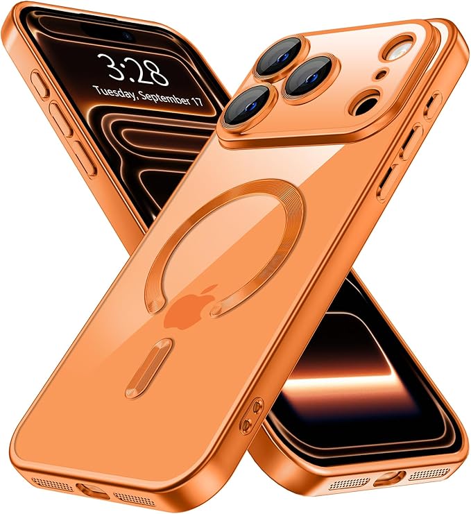 Hython Magnetic Clear for iPhone 17 Pro Case with Camera Lens Protector [Compatible with MagSafe] Luxury Plating Edge Slim Soft TPU Cover Protective Phone Case for iPhone 17 Pro 6.3", Matte Orange