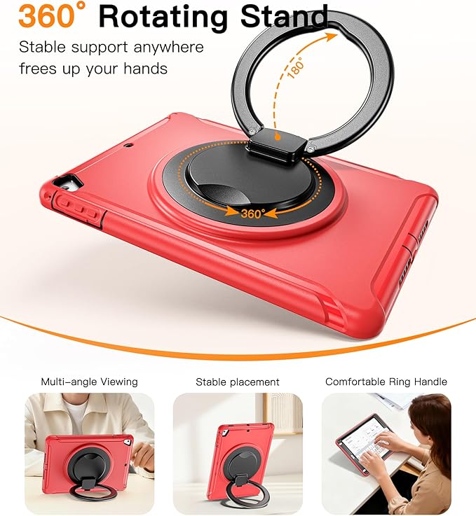 BATYUE Case for iPad 6th Generation 9.7 inch 2018, iPad 5th Gen 2017, iPad Air 2/ iPad Pro 9.7'',Shockproof Protective Cover with Pencil Holder &Rotating Kickstand for Kids,Boys,Girls, Red