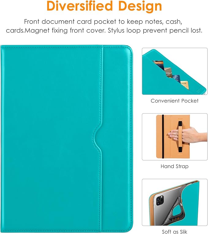 DTTO for iPad Pro 12.9 6th / 5th / 4th / 3rd Generation Case 2022/2021/2020/2018, Leather Folio Stand Cover with Built-in Apple Pencil Holder -Auto Wake/Sleep and Multi Viewing Angles, Cyan Blue