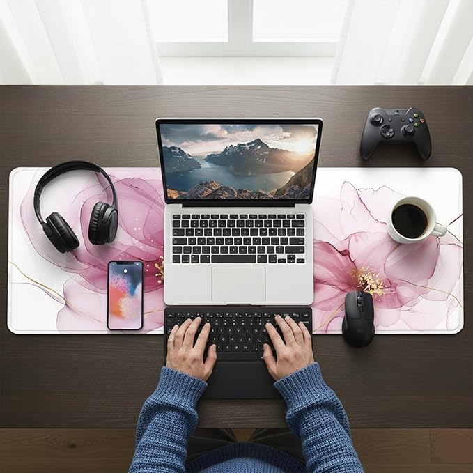 Pink Alcohol Ink Desk Mat (31.5 x 11.8 Inch), Large Abstract Floral Mouse Pad with Gold Accents, Elegant Magenta Fluid Art Design, Non-Slip Laptop Base, Modern Office Decor