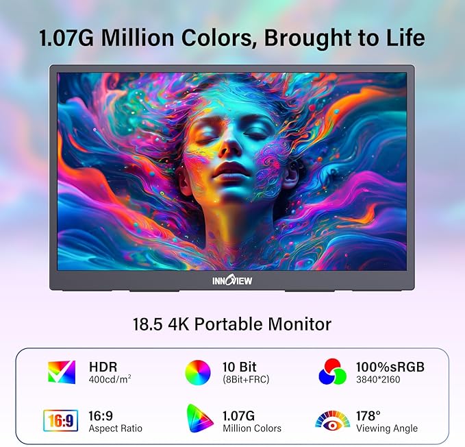 InnoView 4K Portable Monitor 18.5" 3840x2160 UHD USB-C HDMI for Laptop, 400 nits IPS Computer Gaming Display HDR Travel Monitor with W/180°Adjustable Stand for Desktop Mac Phones Tablet PS5/4 Switch