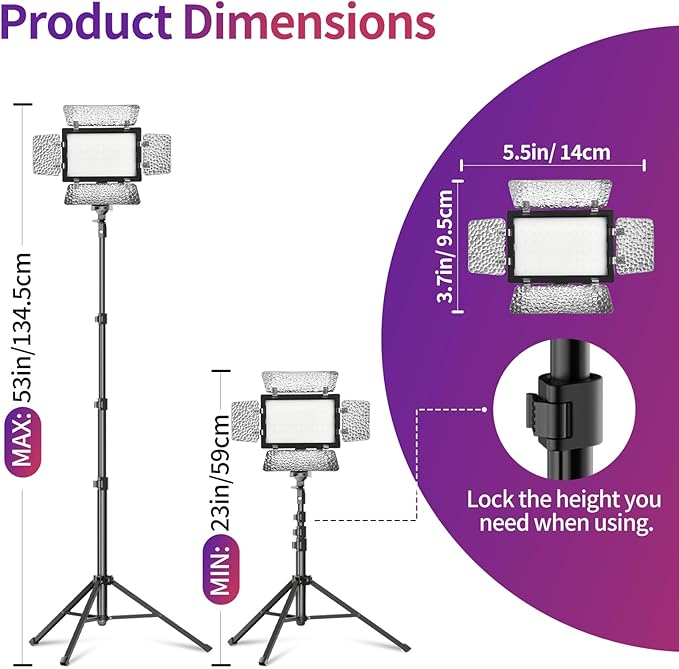 EMART LED Photography Lighting, Studio Light with 53inch Adjustable Tripod Stand and 9 Color Filters, 4 PCS Baffles, for Video Recording, Game Streaming, YouTube-2 Packs