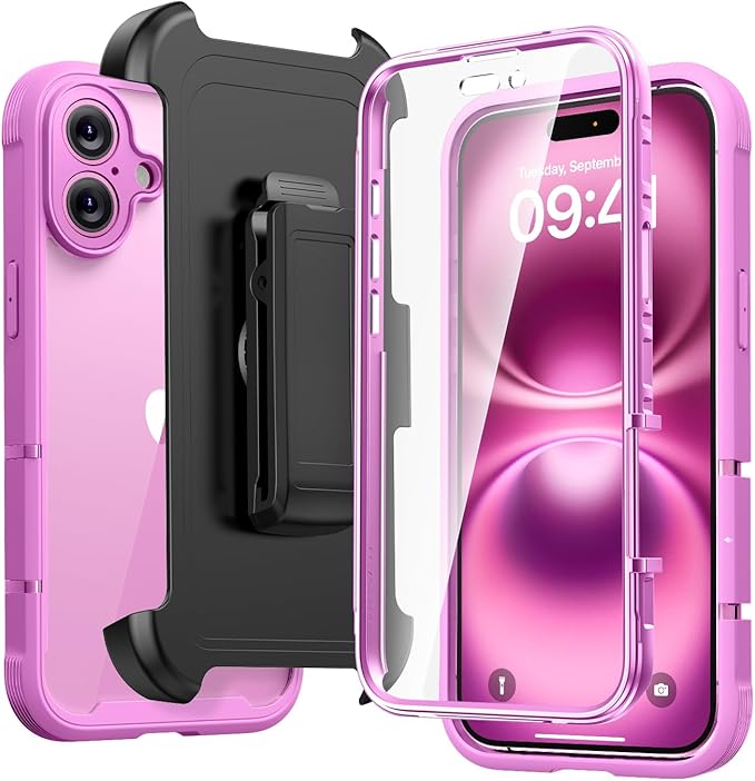 Diaclara Designed for iPhone 16 Case with Belt Clip Hoster, Full Body Rugged Case with Built-in Touch Sensitive Anti-Scratch Screen Protector, Upgraded [Full Camera Protection] (Pink)