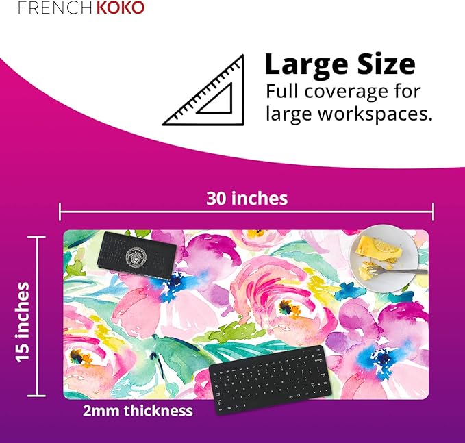 French KOKO Large Mouse Pad Desk Mat Desk Pad Keyboard School Essentials Office Decor Big Extended Laptop Protector Computer Accessories Pretty Mousepad Women Girls Pink Flowers XL Gift