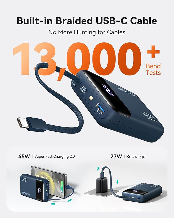 INIU 20000mAh Power Bank, Smaller 45W PD Fast Charging Portable Charger, Battery Pack with Build in USB C Cable, Travel Phone Flight-Safe Powerbank for iPhone 17 16 Samsung S26 Google iPad, Blue