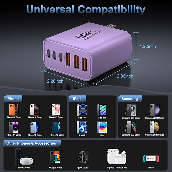 USB C Charger Block,65W 6-Port USBC Charging Block,Wall Charger iPhone Charger Fast Charging,Multiport Type C PD+QC Power Plug for All iPhone 17 16 15 iPad Samsung S23 S24 iWatch Pixel Series (Purple)