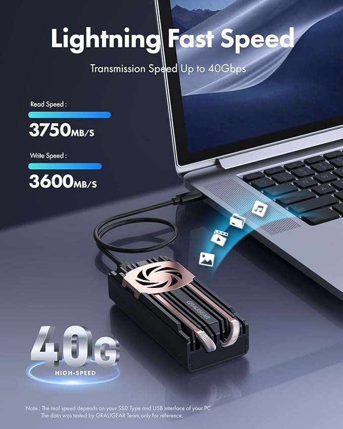 GRAUGEAR USB4 M.2 SSD Enclosure, 40Gbps NVMe SSD Enclosure with Built-in Cooling Fan and Dual-Pipe Heatsink Aluminum Case, Thunderbolt 4/3, ASM2464PD Chip