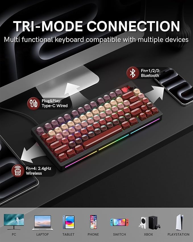 MT75 Lipstick Wireless Mechanical Keyboard, 75% Layout, Hot Swap Gasket Custom Structure, Creamy Pre-lubed Switches Gaming Keyboard with MOA Jelly Keycaps, RGB Backlit, BT5.0/2.4G/USB-C Mode