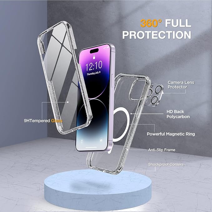 Miracase Magnetic for iPhone 14 Pro Max Case 6.7 inch, (Compatible with MagSafe) Upgrade Full-Body Clear Phone Bumper Case with Built-in 9H Tempered Glass Screen Protector, Magnetic Glitter Clear
