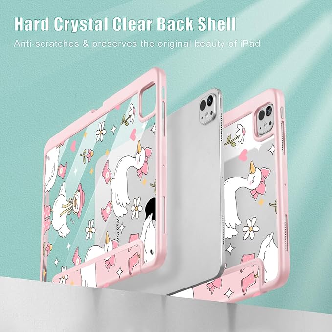 May Chen Case for iPad Pro 11-Inch M5/M4 2025/2024 (6th/5th Generation), [Penceil Holder] Trifold Stand Auto Wake/Sleep Clear TPU Protection Back Cover, Cute Goose Spring