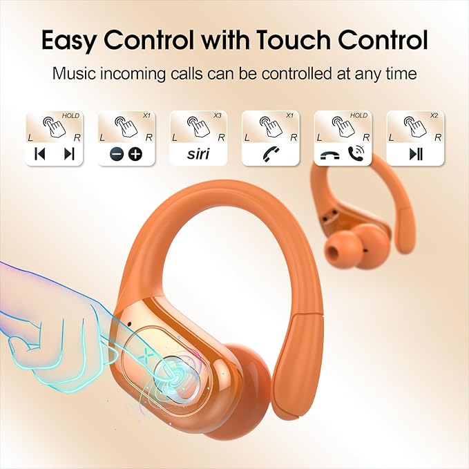 Wireless Earbuds 75hrs Bluetooth 5.4 Headphone Sport, 2026 Bluetooth Earbuds HIFI Stereo Over Ear Bud with Earhooks, ENC Noise Cancelling Mic, IPX7 Waterproof Earphone for Gym/Workout, Cosmic Orange