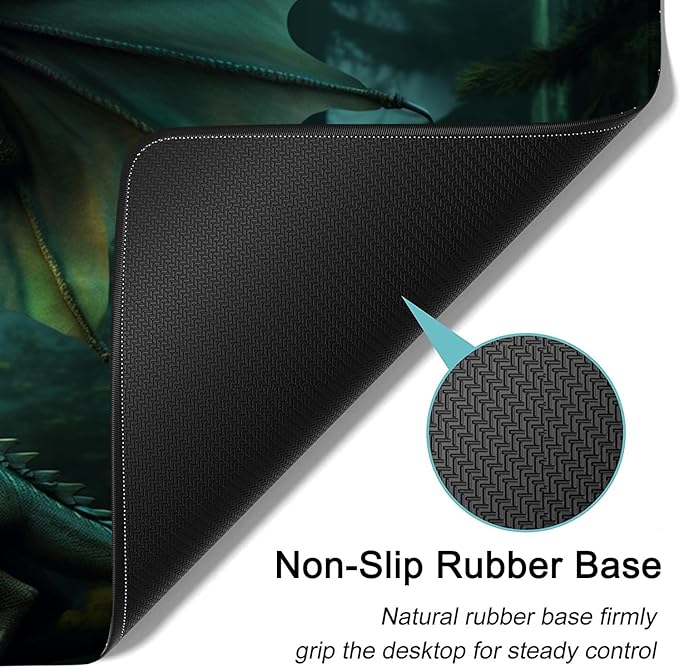 Large Mouse Pad, 31.5 x 11.8in Extended Gaming Mouse Pad with Stitched Edges, XXL Mousepad Protector Non Slip Rubber Base for Office and Home Writing Mat, Green Nature Dragon Pattern Black Desk Mat