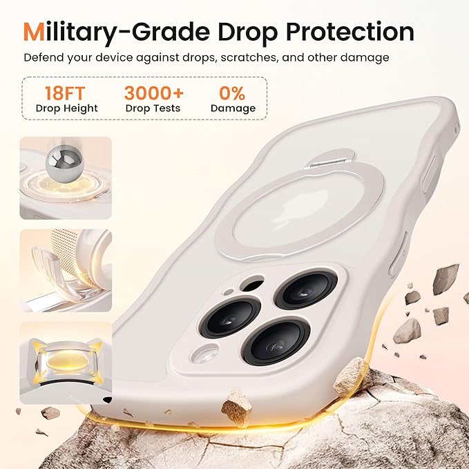 CAPRARO for iPhone 16 Pro Max Case with 360° Spin Magnetic Stand for Women, [Compatible with MagSafe] [Full Camera Protection] Cute Wave Translucent Matte Case for iPhone 16 Pro Max,Stone
