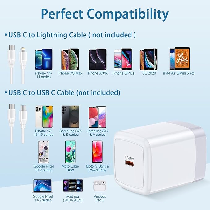 for iPhone Charger Fast Charging Block, 45W USB C Charger Fast Wall Block for iPhone 17e 17 Pro Max 17 Pro 17 Air 16e 16ProMax/Pro 16 Plus 15Pro Samsung Galaxy S26 Plus S25 A17 A16 Android Phone Plug