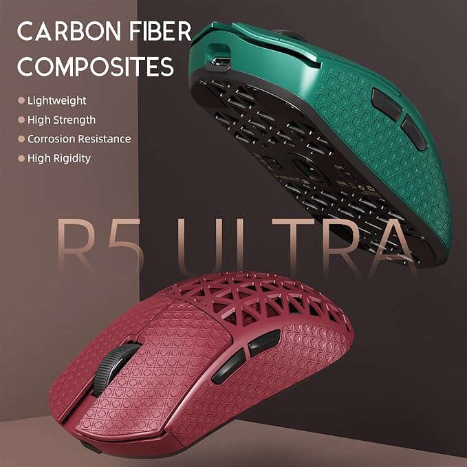 ATTACK SHARK R5 Ultra Wireless Gaming Mouse,Carbon Fiber Shell 39g Superlight,PAW3950MAX Nordic 52840 MCU 8K Polling 42K DPI Optical Sensor,BT/2.4G/USB-C Wired Mice with Coiled Cable-Red&Griptape