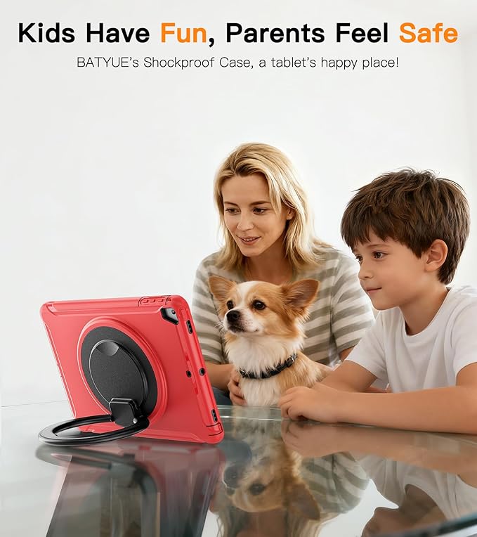 BATYUE Case for iPad 6th Generation 9.7 inch 2018, iPad 5th Gen 2017, iPad Air 2/ iPad Pro 9.7'',Shockproof Protective Cover with Pencil Holder &Rotating Kickstand for Kids,Boys,Girls, Red